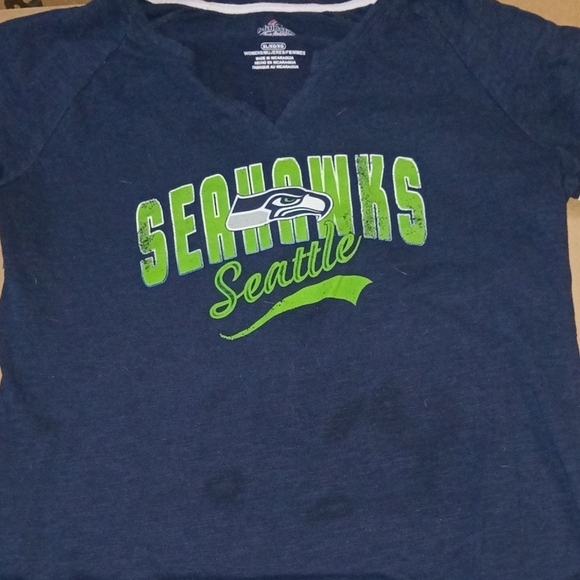 Majestic Tops - Majestic Navy V-Neck Seahawks Tee with Lime Green Logo